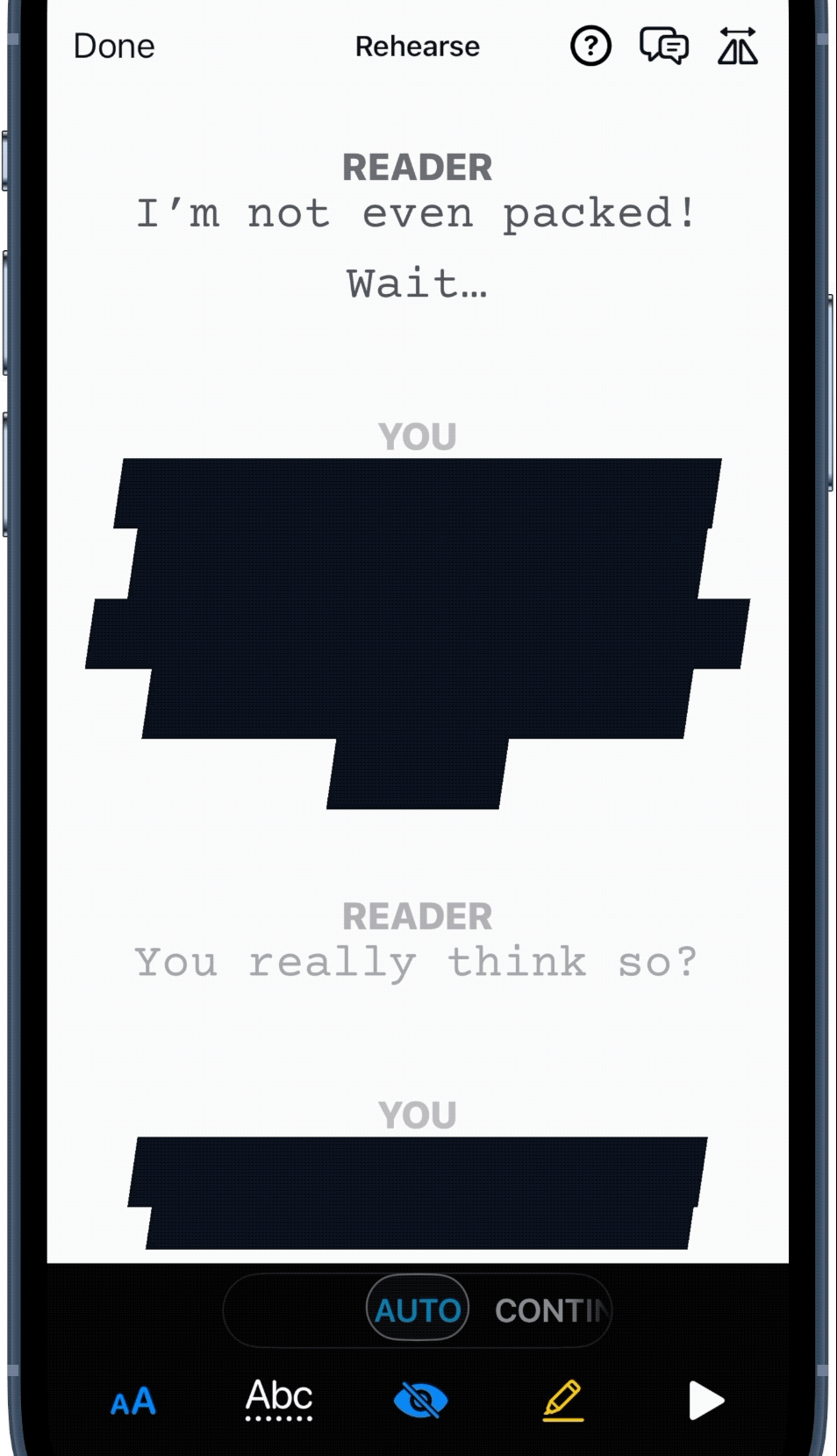 Phone showing rehearse screen.